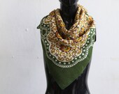 Vintage green and beige fine wool scarf metallic thread 1980s woven traditional shawl square shawl woven cotton shawl new vintage folk scarf