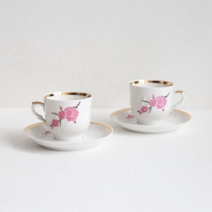 Vintage Riga Porcelain Tea Cup & Saucer: Sakura Blossom Gold Decor