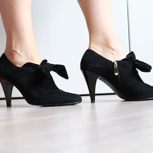 Black Suede Ankle Boots with Bows - Stiletto Heel, EU37