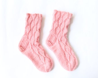 Vintage handgebreide roze damessokken - handgebreide wollen sokken - wintersokken - Noordse sokken - Scandinavische sokken - synthetische vezels