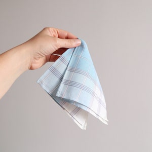 Woven plaid 1980s light blue mens handkerchief cotton hanky - 80s fashion accessories