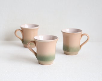 Set of 3 vintage pottery ombre cups unique coffee mugs collectible coffee mugs tea cups beige and green glazed cups from 1980s