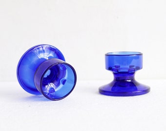 Set of 2 blue glass candle holders - ultramarine blue glass tapered and tea light candle holders modern glassware blue glass home decor