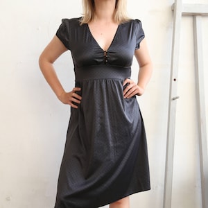 Vintage Polka Dot Midi Dress: Gunmetal Gray Puffed Sleeve