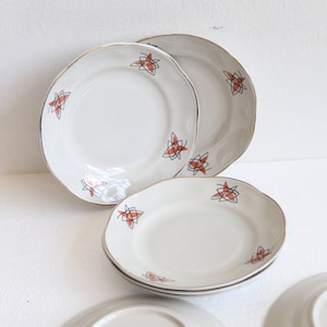 Set of 7 vintage Riga Porcelain Faience Factory plates abstract pattern ceramic plates Soviet tableware porcelain gold rim Soviet plate set