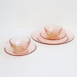 Vintage Arcoroc France Pink Swirl Glass Tea Set with Plate
