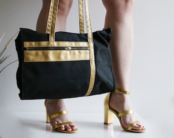 Sac à main en similicuir noir et or de l'ère soviétique, sac à bandoulière en textile avec détails dorés fabriqué en 1985