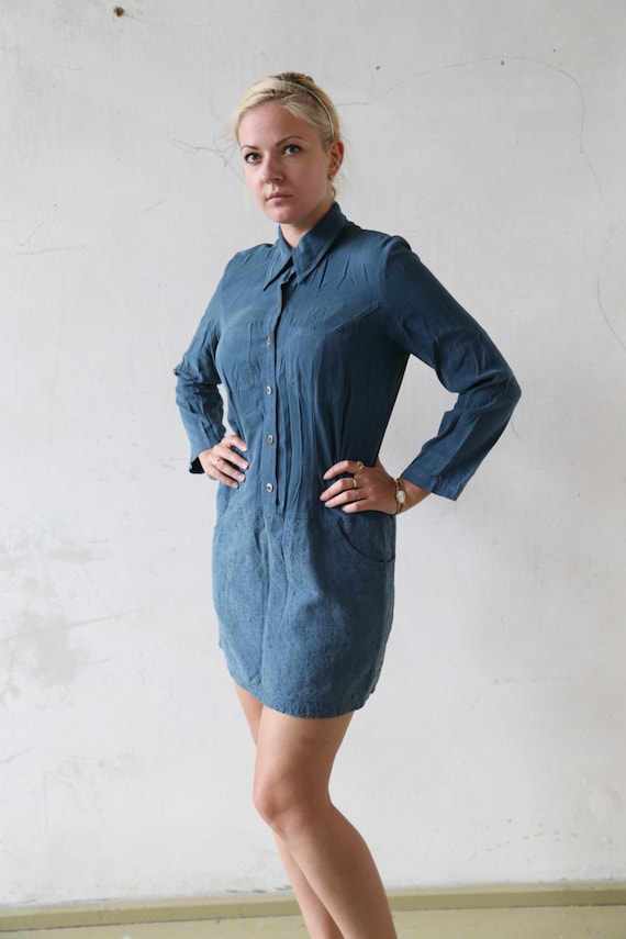 90s Denim Blue Shirt Dress: Tencel Cotton Lace Collar - Etsy Israel