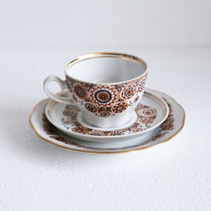 Vintage Riga Porcelain Tea Cup Set: Floral USSR Cake Plate & Saucer