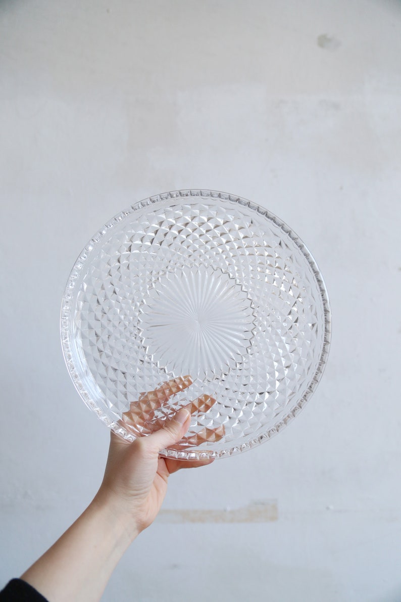 Vintage Soviet pressed glass plate cake stand glass plate 1970s collectible elegant cake plate tableware clear glass Golden ration plate