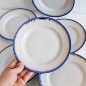 Puede incluir: Un conjunto de platos de cerámica blanca con un borde azul y dorado. Los platos son redondos y tienen un diseño sencillo. Los platos están apilados y dispuestos sobre una superficie blanca.