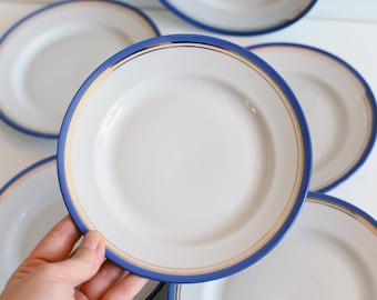 Porcelain plates with blue and gold handprinted lines