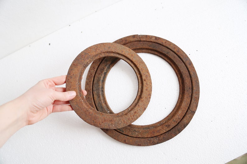 Vintage rusty stove top rings set of large aged steel hoops Etsy