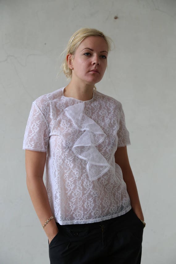 White lace vintage blouse - lace shirt - lace jabo