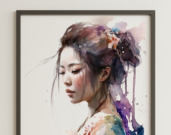 Graceful Blossom: Japanese Woman in Watercolour
