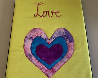 SALE! Valentine's Gift  "LOVE" Mini Quilt, Small Quilt on Canvas, Fiber Art Hanging