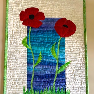 Mother's Day Art Quilt Red Poppies, Colorful Quilted Wall Hanging, Floral Wall Quilt