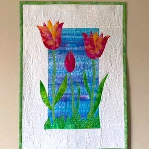 Mother's Day Art Quilt Tulips, Spring Colorful Quilted Wall Hanging, Fiber Art Wall Quilt