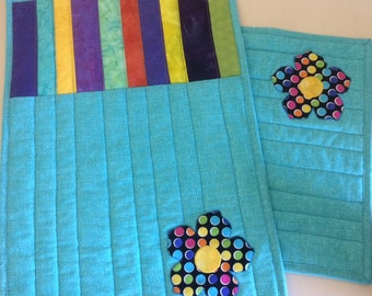 Colorful Flower Quilted Placemats: Spring Table Decor, Set of 2