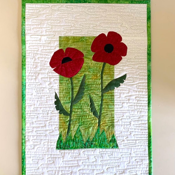 Red Poppy Art Quilt: Colorful Floral Wall Hanging (19.5x14.5)