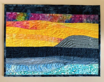 Sunset over Water Wall Quilt, Colorful Quilted Wall Hanging, Landscape Fiber Art