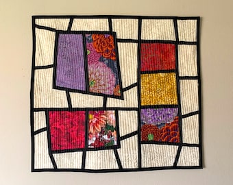 Abstract Art Quilt Fractured Windows, Modern Improv Quilted Wall Hanging