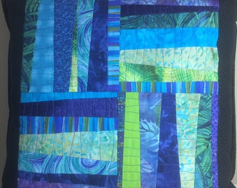 Quilted Pillow Cover: Blue & Green Batik Cotton Throw Pillow