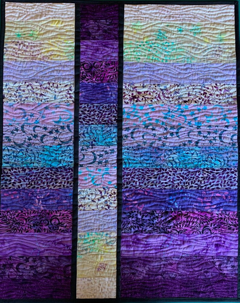 Art Quilt Batik Watercolor Modern Fiber Art Wall Quilt in Blue Purple Abstract Quilted Wall Hanging