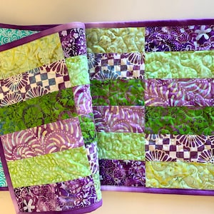 Spring Quilted Table Runner, Fiber Art Batik Table Topper. Purple Green Wall Hanging