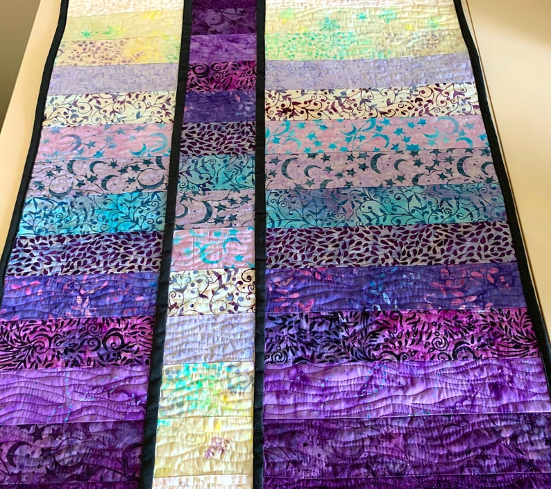 Art Quilt Batik Watercolor Modern Fiber Art Wall Quilt in Blue Purple Abstract Quilted Wall Hanging