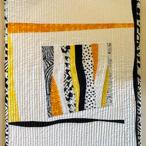 Abstract Art Quilt Black White Yellow Curves, Modern Improv Quilted Wall Hanging