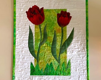 Red Tulips Art Quilt: Colorful Fiber Art Wall Hanging