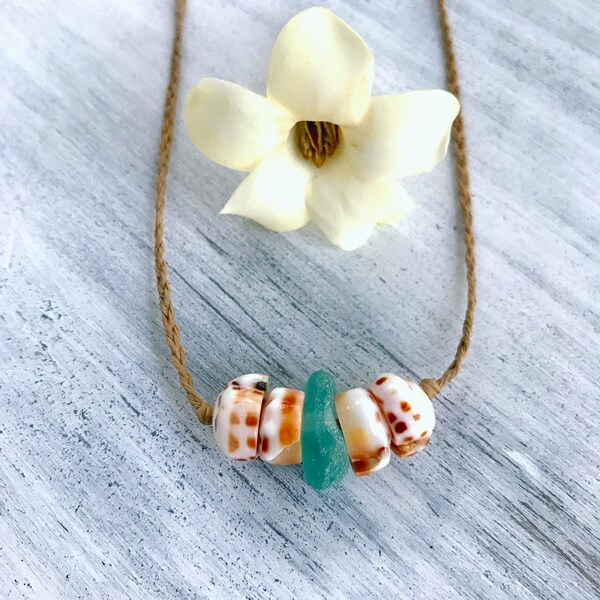 Hawaiian puka shell beach glass necklace