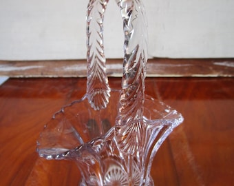 Vintage Pressed Glass Basket: Wheat Handle, Star Base, 1950s