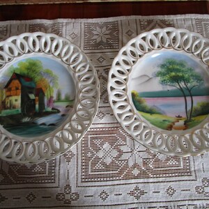 Plato de pared de porcelana japonesa pintado a mano, Monte Fuji, Molino de agua, borde de encaje dorado