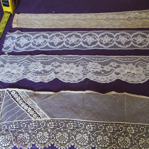 Lace remnant trim, sew, craft projects, gift wrap. Width range 2.5 to 4 in.  1970&#39;s or earlier. Buy indiv or as lot.