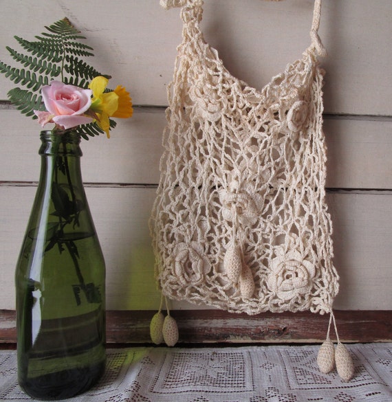 Antique Crochet Lace Bag: Art Deco Wedding Pouch With Tassels, Drawstring.