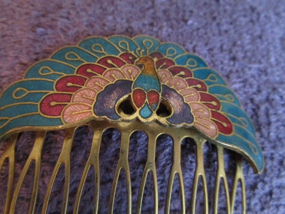 Peacock Cloisonne hair comb. 2 inch wide, turquoi… - image 1