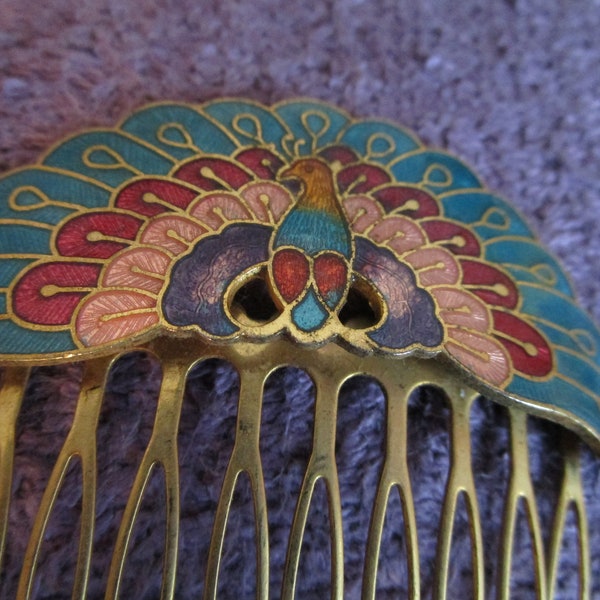 Peacock Cloisonne hair comb. 2 inch wide, turquoise, red on gold tone metal. Vintage metal hair comb accessory. Gently used