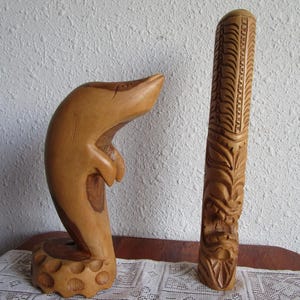 Vintage Tiki totem carving and dolphin. Buy individual or together. Pre 2K. Ship included in US.