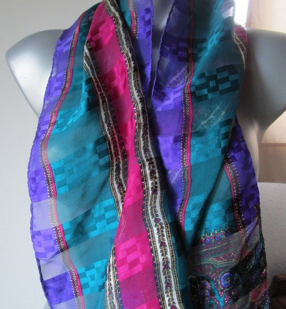 French silk scarves - twill - geometric pattern - teal blue