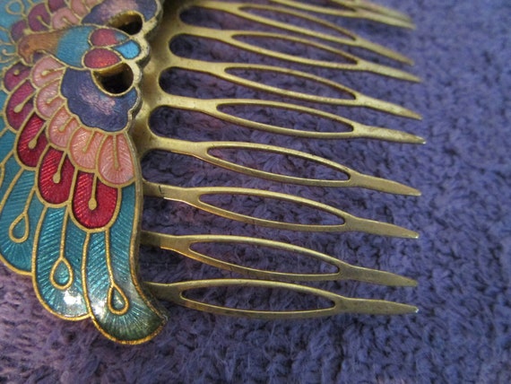 Peacock Cloisonne hair comb. 2 inch wide, turquoi… - image 3
