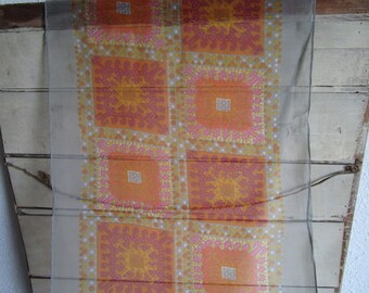 Long scarf; pink, orange and grey square pattern 15x43. Made of a sheer light fabric, gently used, midcentury 1960s. Ship incl in US