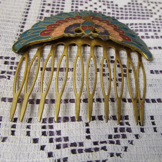 Peacock Cloisonne hair comb. 2 inch wide, turquoi… - image 9