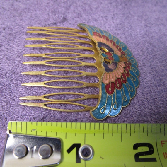 Peacock Cloisonne hair comb. 2 inch wide, turquoi… - image 7