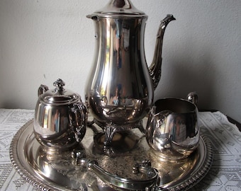 Vintage WM Rogers Silver Plated Service Set - Ornate Tray, Creamer, Sugar, Distressed pot