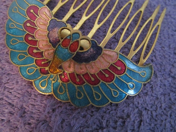 Peacock Cloisonne hair comb. 2 inch wide, turquoi… - image 2
