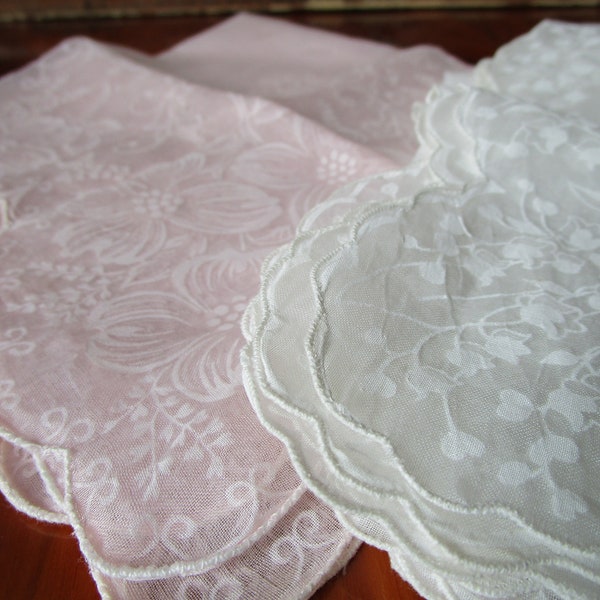 Pair of handkerchiefs pink and white. Fine linen sheer stamped floral with scalloped edging. In like new condition 16" square, Ship incl US