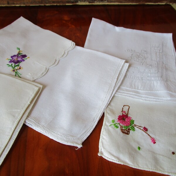 Handkerchiefs, nose wipes, lot of 5, floral embroidered doilies, vintage mid-century shipping included.