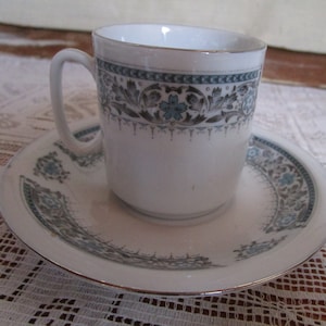 Demitasse teacup and saucer w blue green and silver trim. Cappuccino or espresso size. Midcentury Made in China. Ship incl in US.